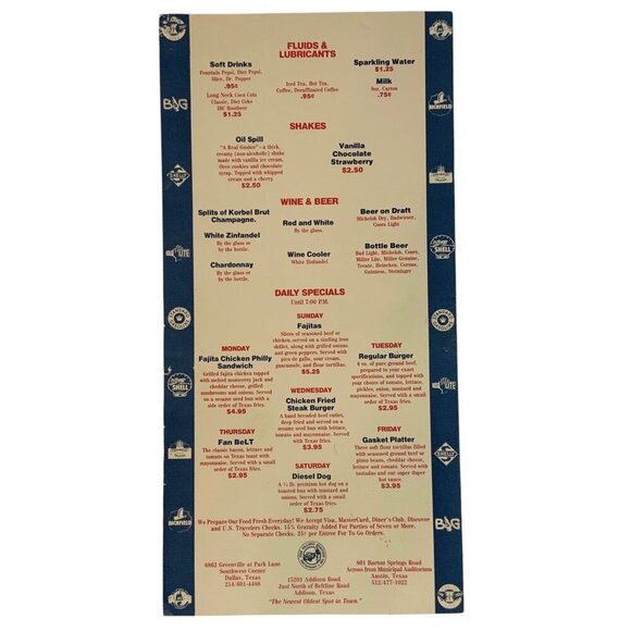 The Filling Station Restaurant & Bar Menu Dallas Addison Austin Vintage 80s - Picture 2 of 3